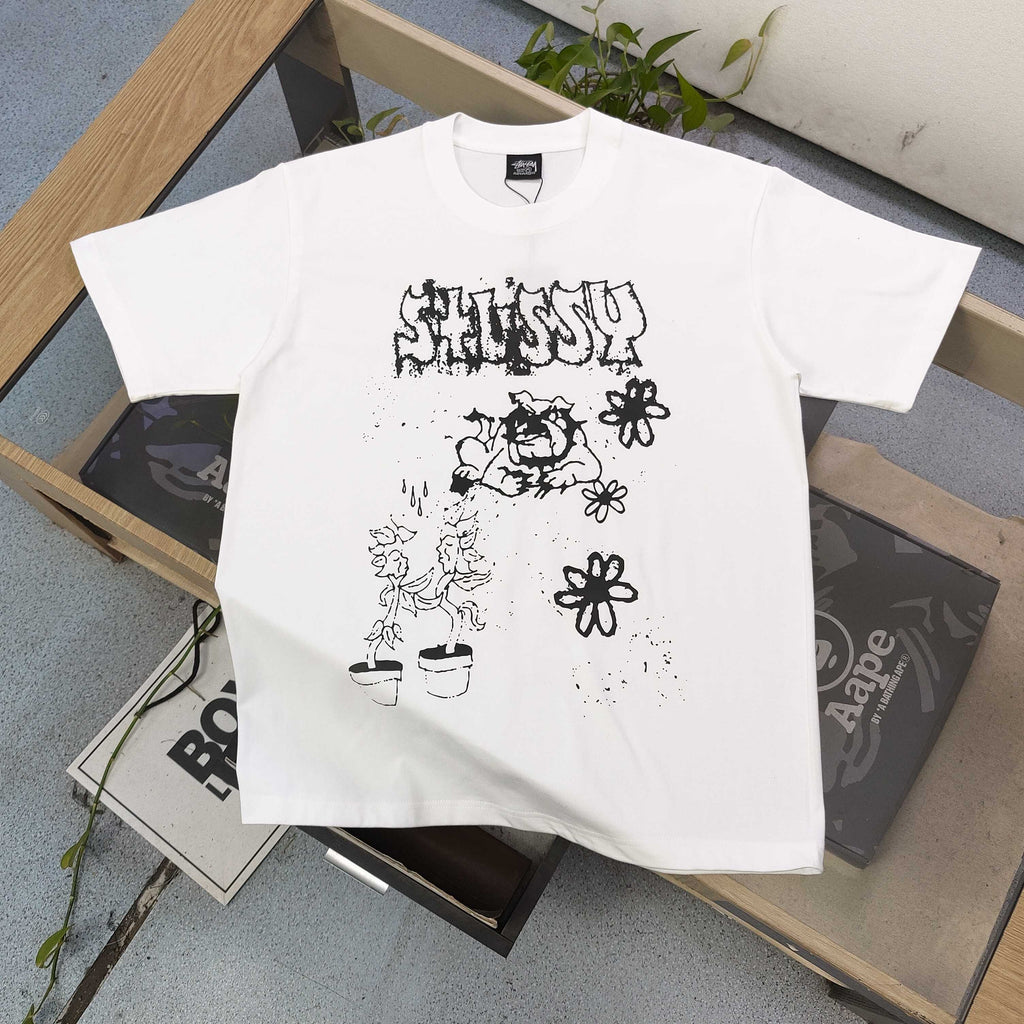Stussy Bulldog & Sketch Art Graphic T-Shirt