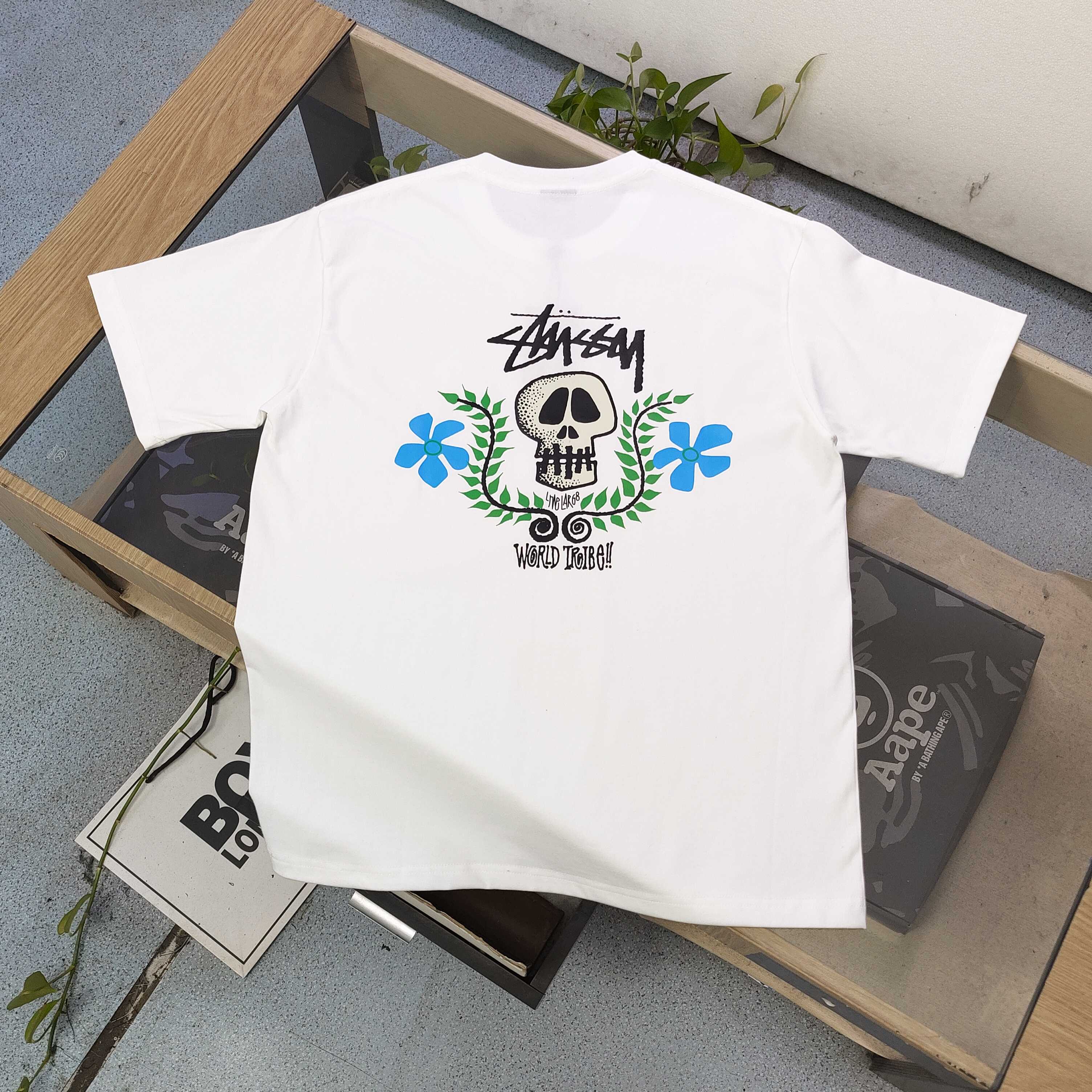 Oversized Stussy Floral Skull Graphic T-Shirt