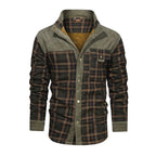 Plaid shirt with green and brown pattern on a white background