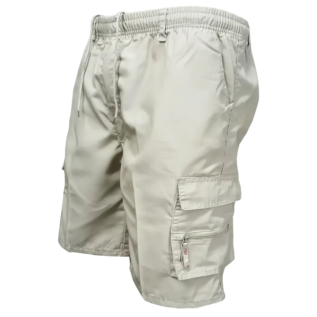 Beige cargo shorts on a white background