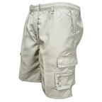 Beige cargo shorts on a white background