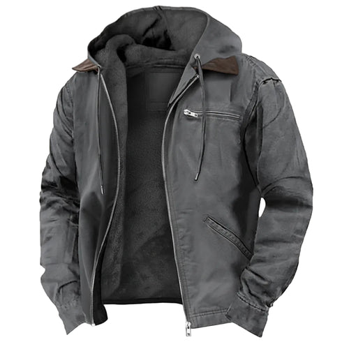 Gray hooded jacket with zippers on a white background