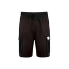 Black cargo shorts on a white background