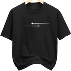 Black t-shirt with white airplane design on a hanger in a clothing store.