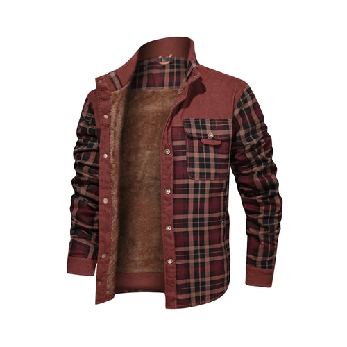 Plaid shirt with brown leather vest on a light gray background