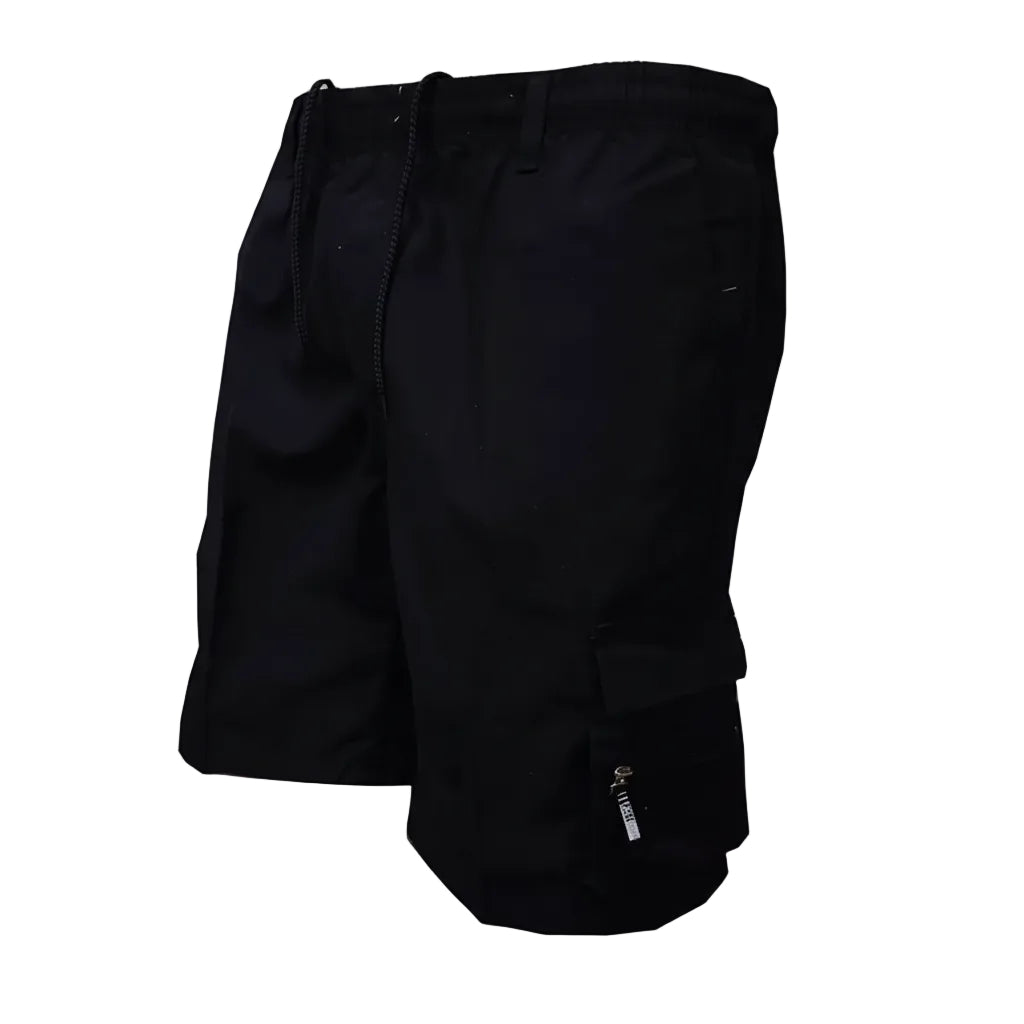 Black shorts with a brand logo on a white background