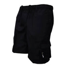 Black shorts with a brand logo on a white background